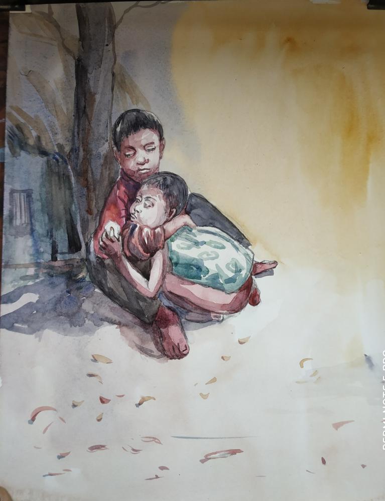  Title : Helpless [CORONA] 20 april '20   |    Medium : Water Color on paper  |   Size 14'' x 17''   | Sold